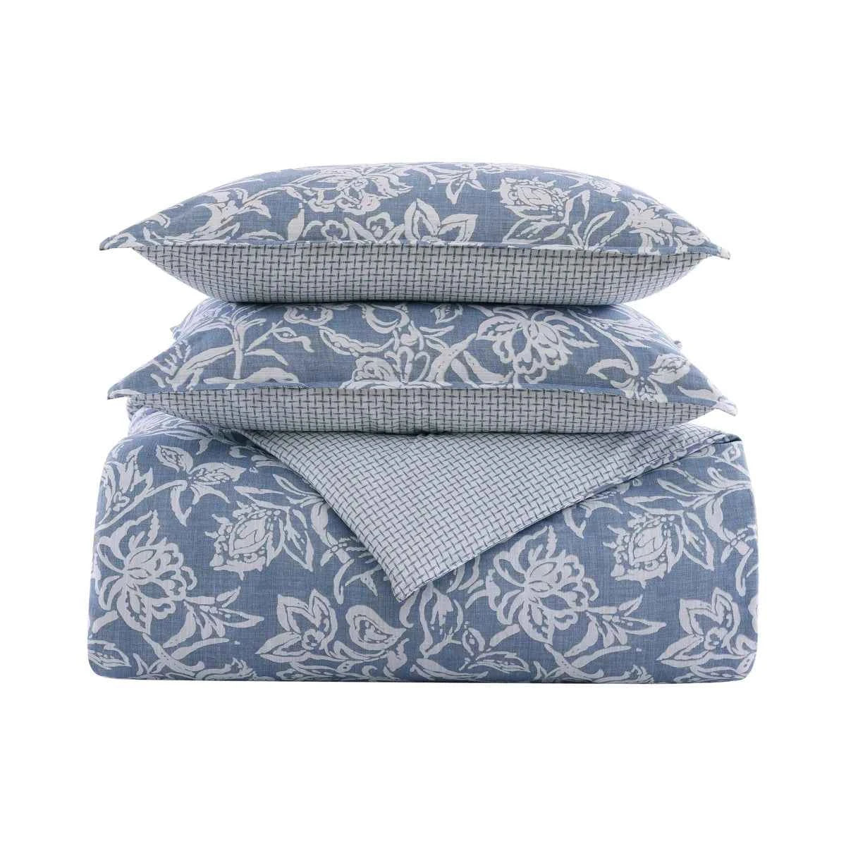 Tortola Reversible Cotton Slub Comforter Set - Printed Painterly Floral Bedding with Pillow Shams