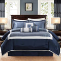 7-Piece Blue and Taupe Reversible Comforter Set - Hotel Style Queen Bedding Ensemble with Pillows and Bed Skirt