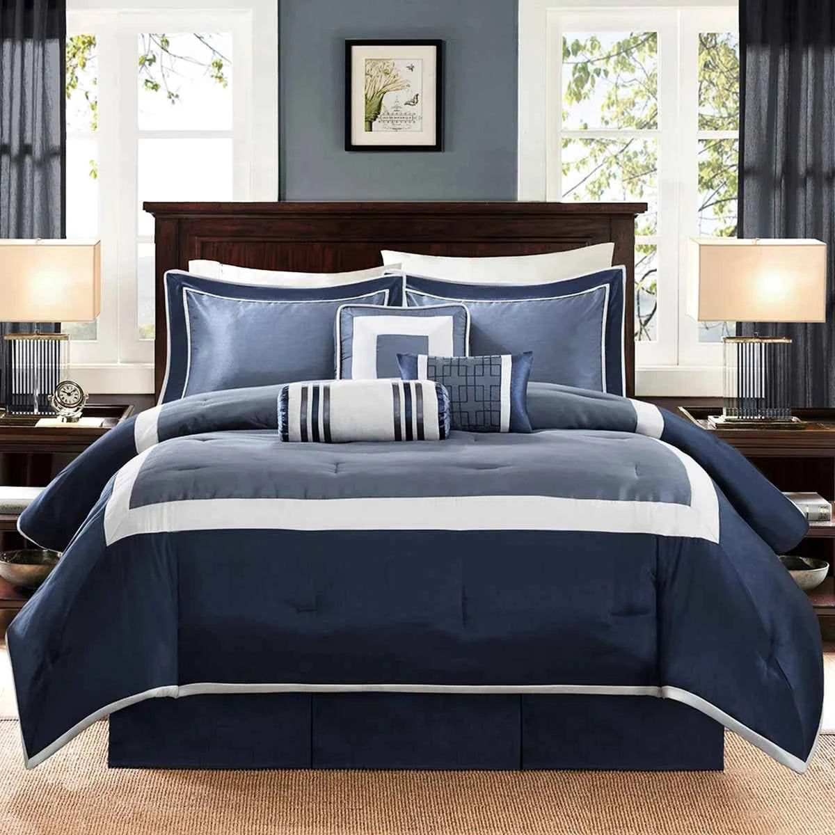 7-Piece Blue and Taupe Reversible Comforter Set - Hotel Style Queen Bedding Ensemble with Pillows and Bed Skirt
