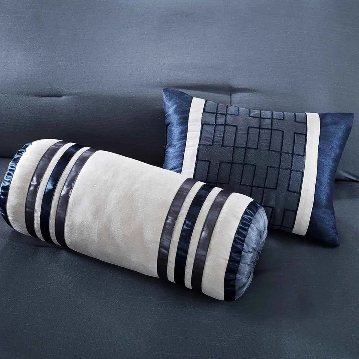 7-Piece Blue and Taupe Reversible Comforter Set - Hotel Style Queen Bedding Ensemble with Pillows and Bed Skirt
