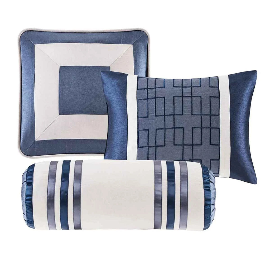 7-Piece Blue and Taupe Reversible Comforter Set - Hotel Style Queen Bedding Ensemble with Pillows and Bed Skirt