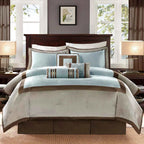 7-Piece Blue and Taupe Reversible Comforter Set - Hotel Style Queen Bedding Ensemble with Pillows and Bed Skirt