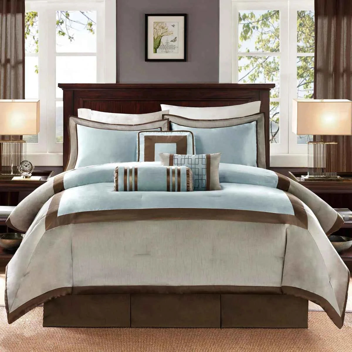 7-Piece Blue and Taupe Reversible Comforter Set - Hotel Style Queen Bedding Ensemble with Pillows and Bed Skirt