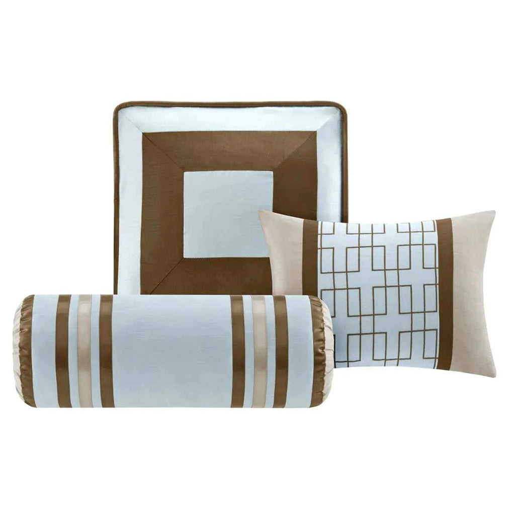 7-Piece Blue and Taupe Reversible Comforter Set - Hotel Style Queen Bedding Ensemble with Pillows and Bed Skirt