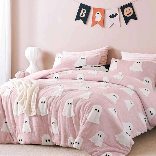 2-Piece Ghost Print Halloween Comforter Set - Twin Lightweight Velvet Seasonal Bedding with Pillowcase