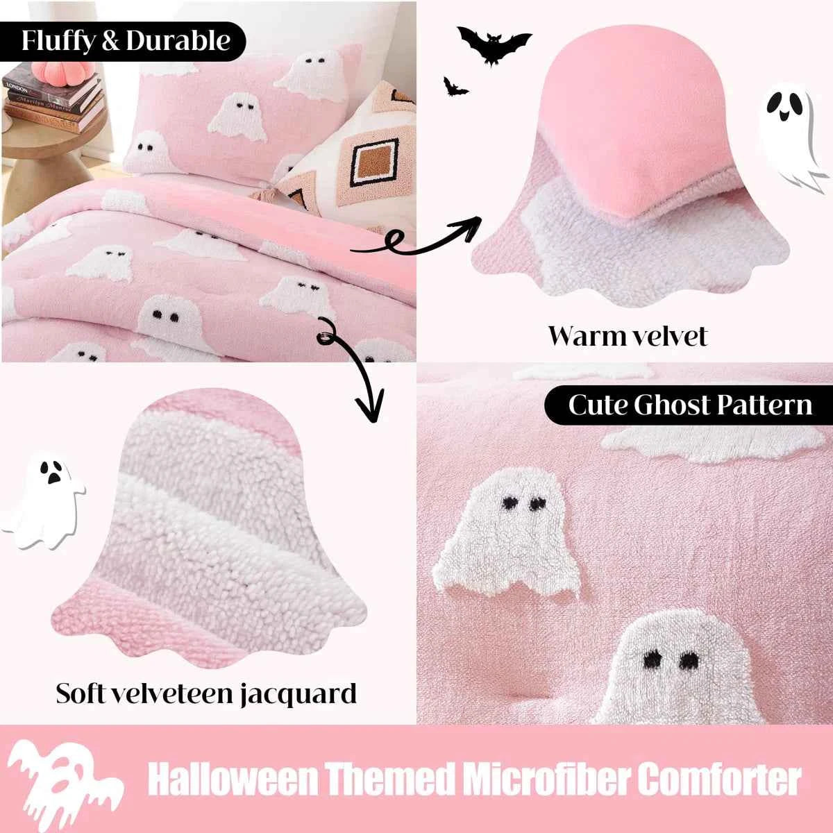 2-Piece Ghost Print Halloween Comforter Set - Twin Lightweight Velvet Seasonal Bedding with Pillowcase