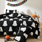 2-Piece Ghost Print Halloween Comforter Set - Twin Lightweight Velvet Seasonal Bedding with Pillowcase