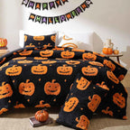 3-Piece Black Pumpkin Halloween Comforter Set - Velvet Jacquard Seasonal Bedding with Pillowcases