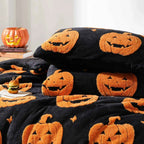 3-Piece Black Pumpkin Halloween Comforter Set - Velvet Jacquard Seasonal Bedding with Pillowcases