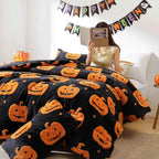 3-Piece Black Pumpkin Halloween Comforter Set - Velvet Jacquard Seasonal Bedding with Pillowcases
