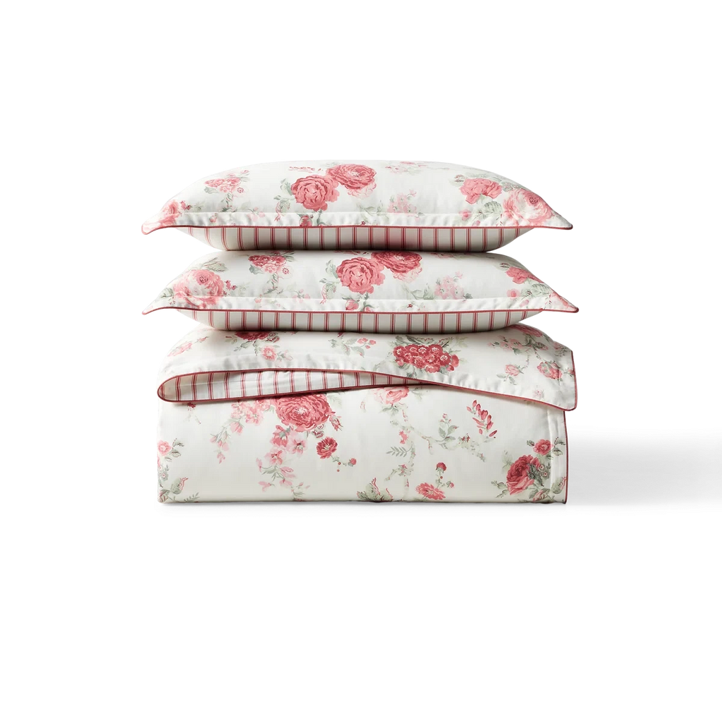 Sofia 100% Cotton Sateen Reversible Floral Comforter Set - Romantic Garden Rose and Ticking Stripe Bedding with Shams