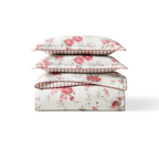 Sofia 100% Cotton Sateen Reversible Floral Comforter Set - Romantic Garden Rose and Ticking Stripe Bedding with Shams