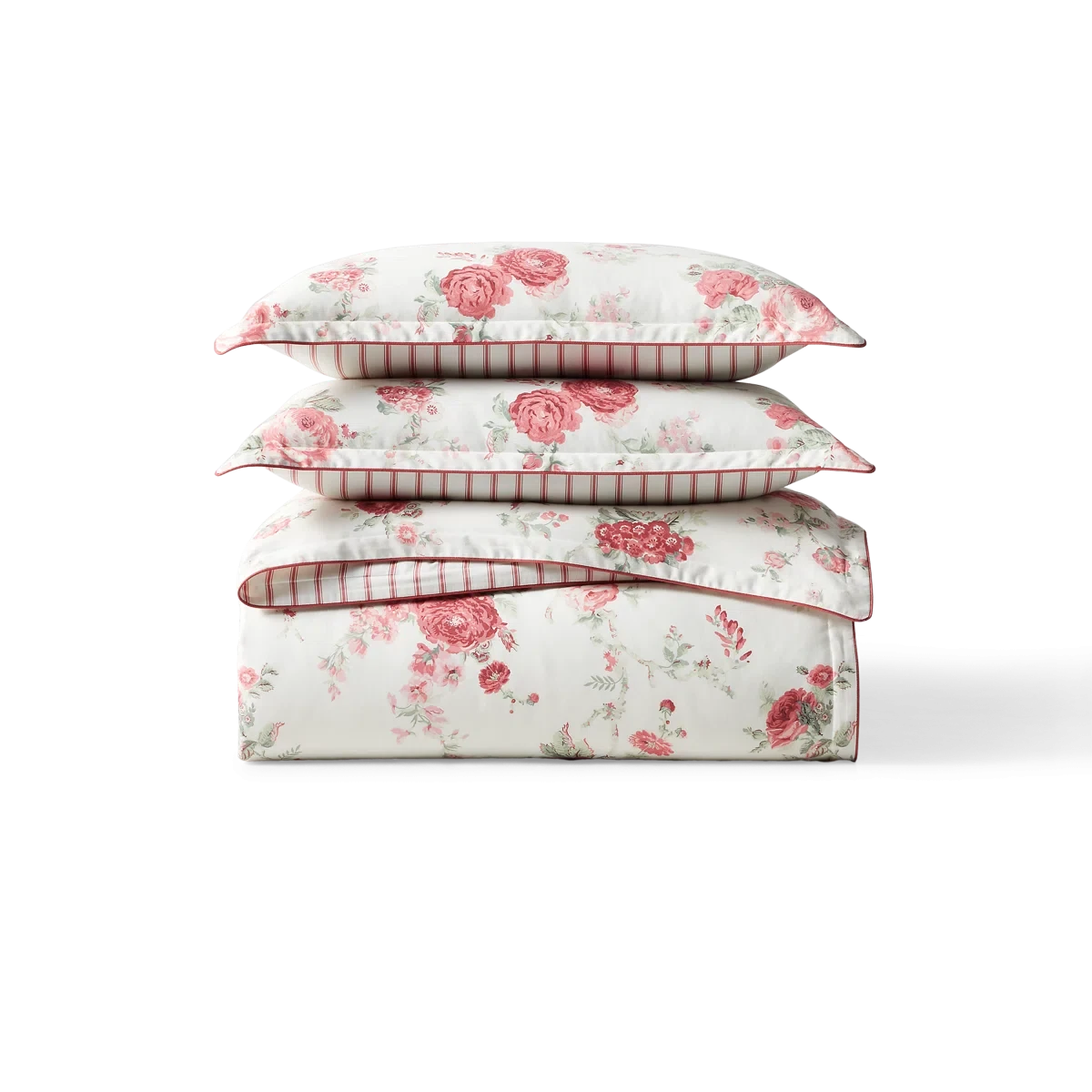 Sofia 100% Cotton Sateen Reversible Floral Comforter Set - Romantic Garden Rose and Ticking Stripe Bedding with Shams