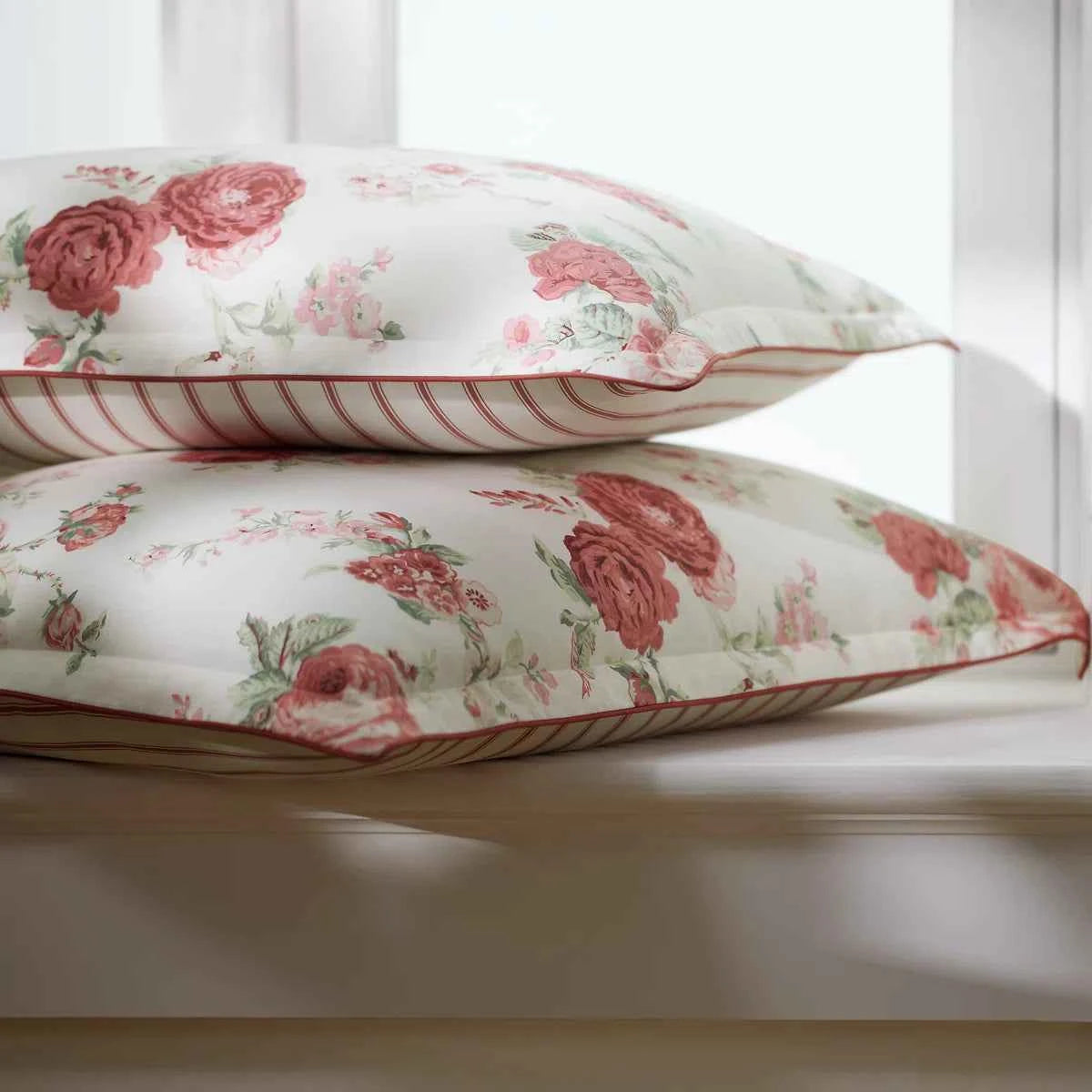 Sofia 100% Cotton Sateen Reversible Floral Comforter Set - Romantic Garden Rose and Ticking Stripe Bedding with Shams