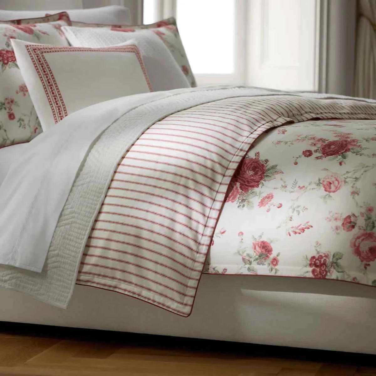 Sofia 100% Cotton Sateen Reversible Floral Comforter Set - Romantic Garden Rose and Ticking Stripe Bedding with Shams