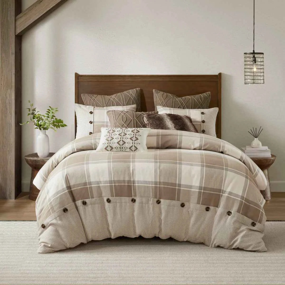8-Piece Cotton Jacquard Plaid Comforter Set with Removable Insert - Urban Cabin Neutral Farmhouse Bedding with Euro Shams