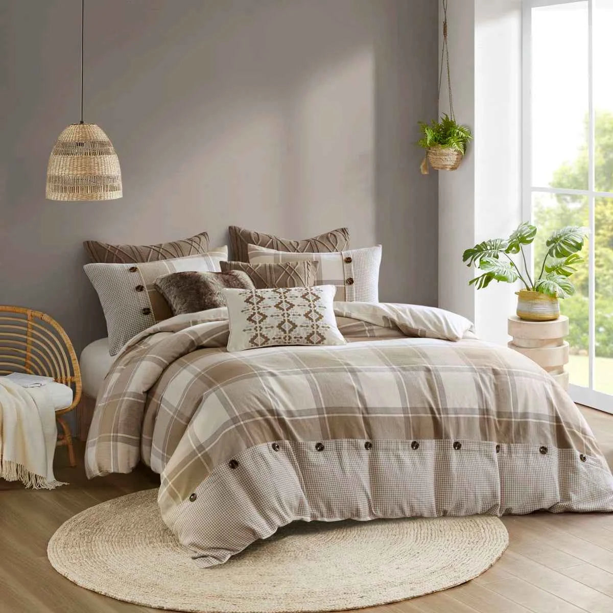 8-Piece Cotton Jacquard Plaid Comforter Set with Removable Insert - Urban Cabin Neutral Farmhouse Bedding with Euro Shams