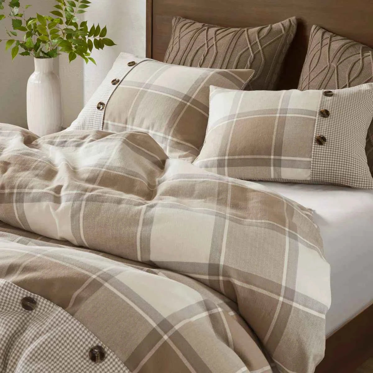 8-Piece Cotton Jacquard Plaid Comforter Set with Removable Insert - Urban Cabin Neutral Farmhouse Bedding with Euro Shams