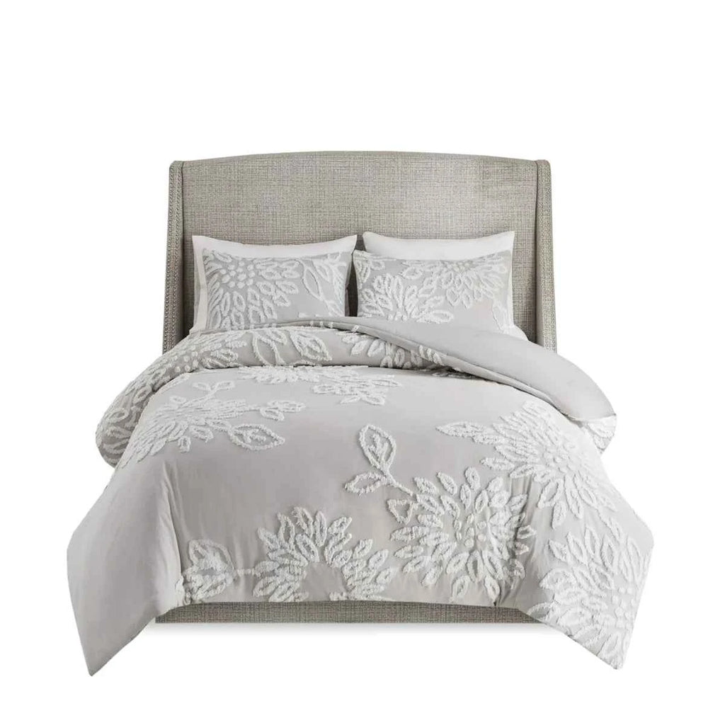 3-Piece Warm Grey and White Cotton Chenille Floral Comforter Set - Shabby Chic King Bedding with Pillow Shams