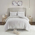 3-Piece Warm Grey and White Cotton Chenille Floral Comforter Set - Shabby Chic King Bedding with Pillow Shams