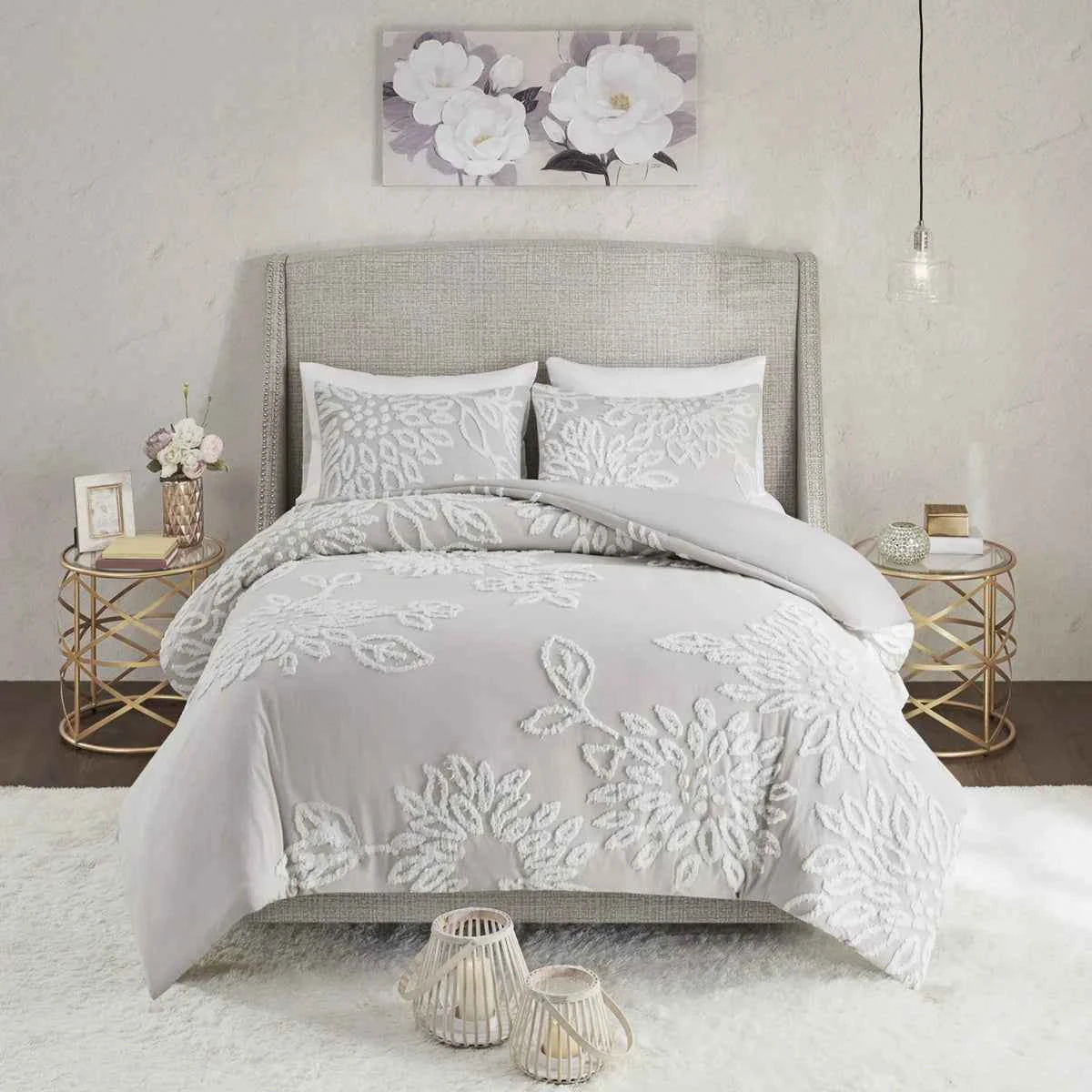 3-Piece Warm Grey and White Cotton Chenille Floral Comforter Set - Shabby Chic King Bedding with Pillow Shams