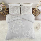 3-Piece Warm Grey and White Cotton Chenille Floral Comforter Set - Shabby Chic King Bedding with Pillow Shams