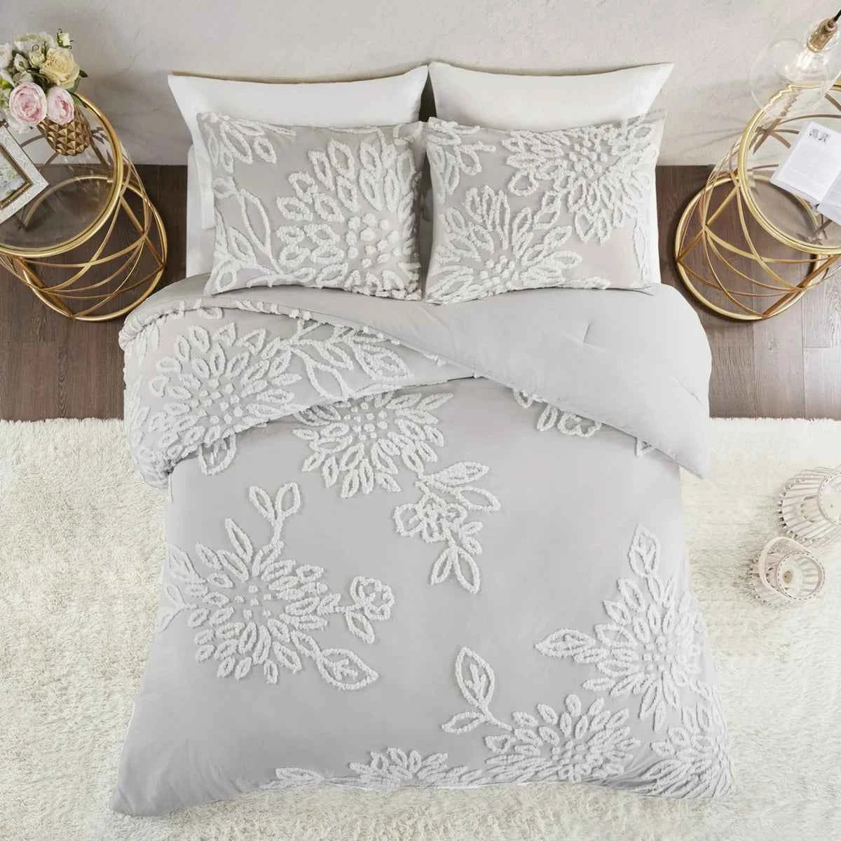 3-Piece Warm Grey and White Cotton Chenille Floral Comforter Set - Shabby Chic King Bedding with Pillow Shams