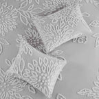 3-Piece Warm Grey and White Cotton Chenille Floral Comforter Set - Shabby Chic King Bedding with Pillow Shams