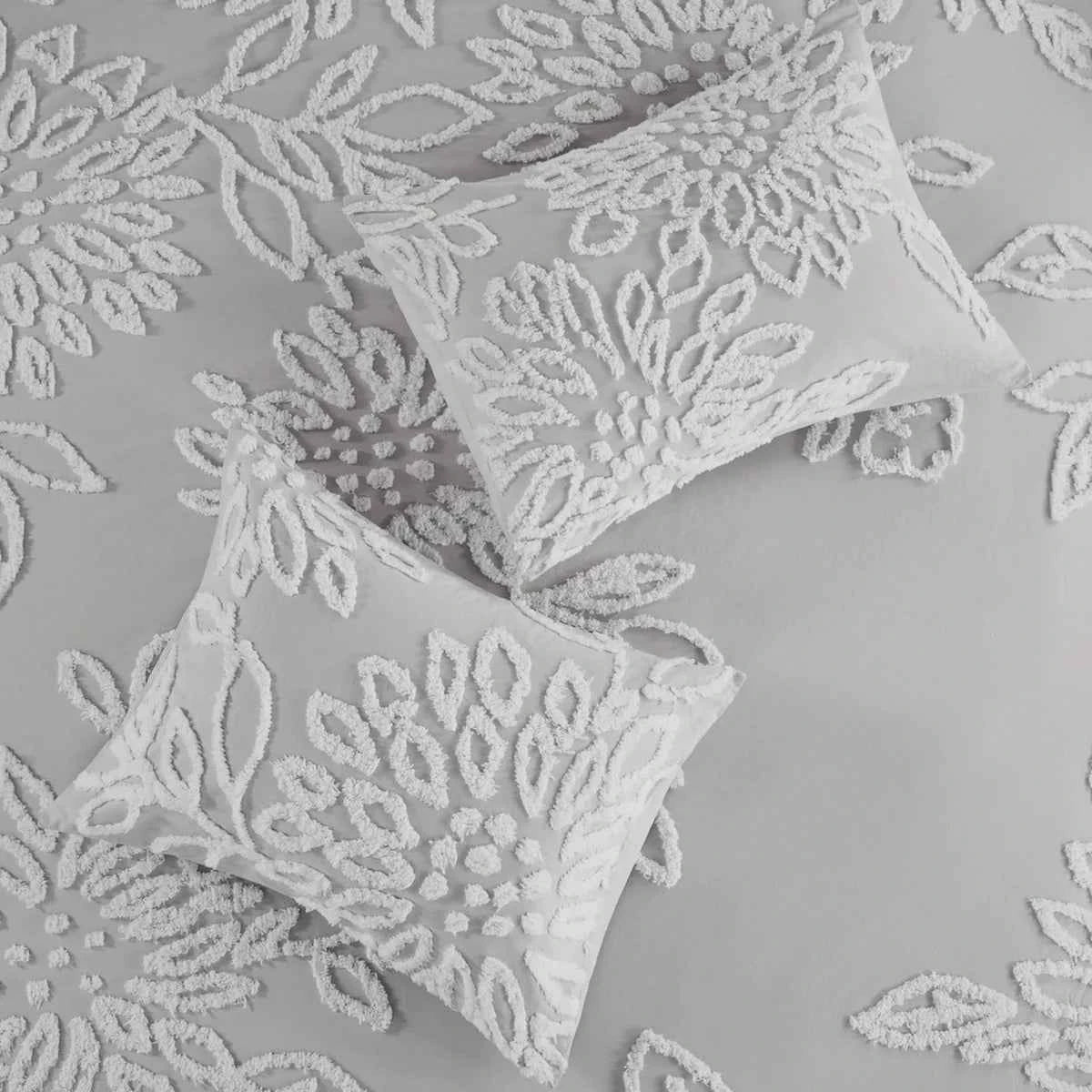 3-Piece Warm Grey and White Cotton Chenille Floral Comforter Set - Shabby Chic King Bedding with Pillow Shams