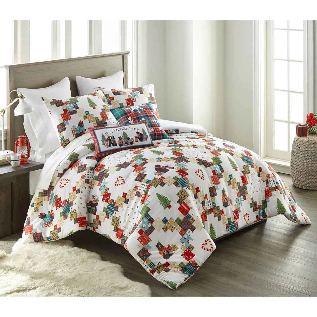Holiday Love 3 Piece Reversible Festive Patchwork Comforter Set - Printed Christmas Bedding with Pillow Shams