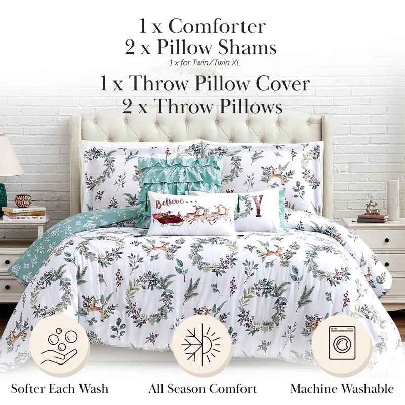 Holiday White and Mint Reversible Microfiber Comforter Set - Soft Down Alternative Bedding with Pillow Shams