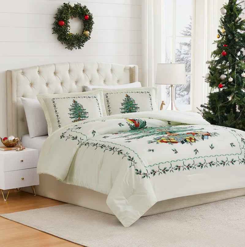 Ivory Christmas Tree Printed Microfiber Comforter Set - Reversible Holiday Bedding with Solid Green Backing