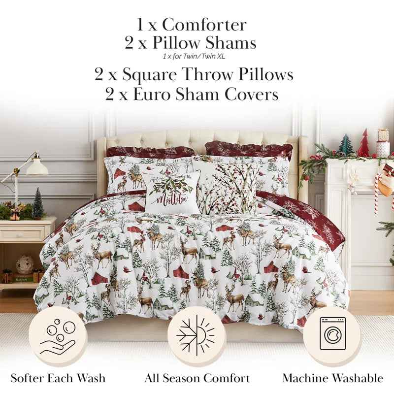 White Christmas Reversible Microfiber Comforter Set - Festive Winter Bedding with Pillow Shams