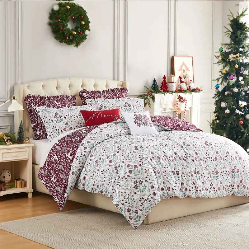 Holiday Harmony Reversible Microfiber Comforter Set - Oversized Winter Bedding with Pillow Shams and Decor Pillows