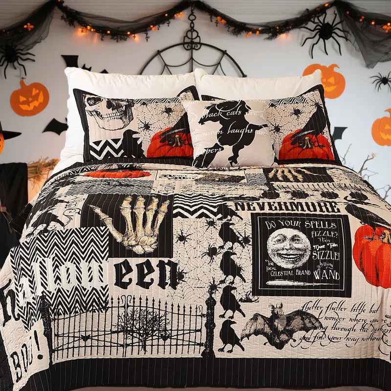3-Piece Halloween Quilt Set - Festive Spooky Printed Reversible Bedspread with Pillow Shams