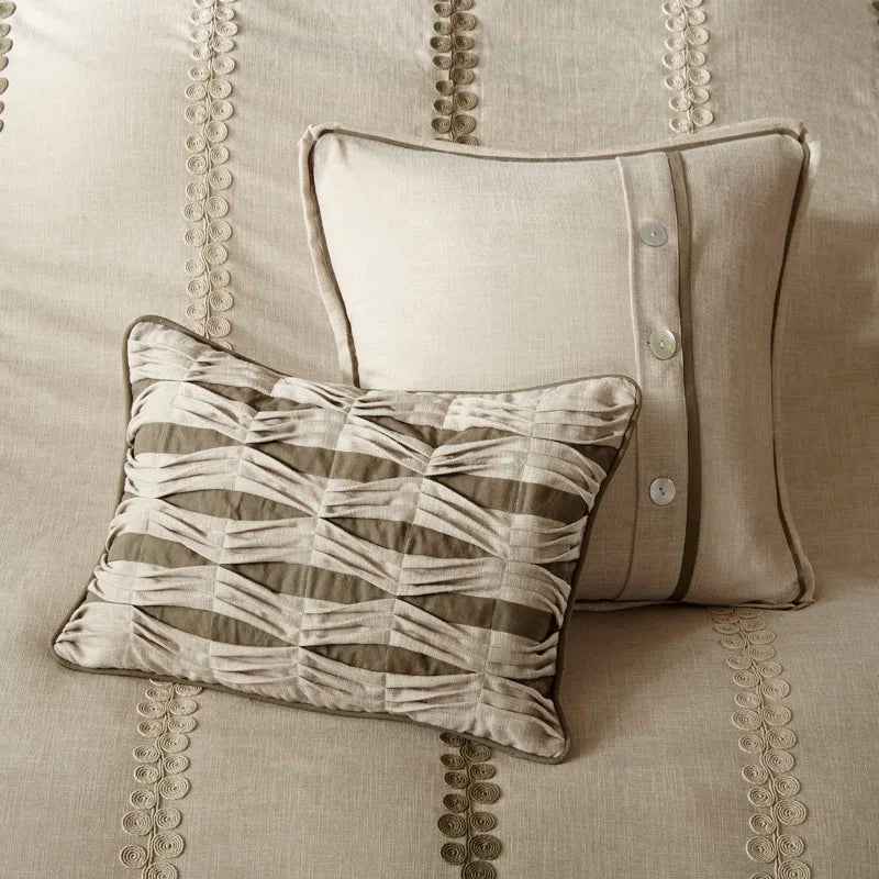 9-Piece Soutache Cord Embroidered Reversible Comforter Set with Removable Insert - Linen-Look Bedding with Euro Shams