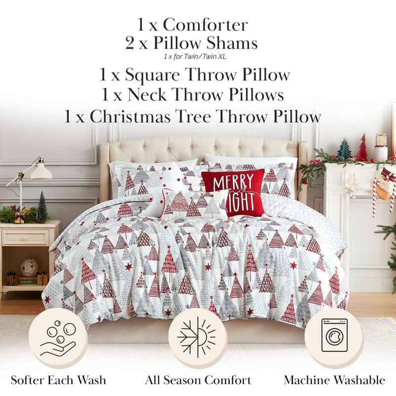 Merry and Bright Reversible Microfiber Comforter Set - Oversized Holiday Bedding with Pillow Shams and Decor Pillows