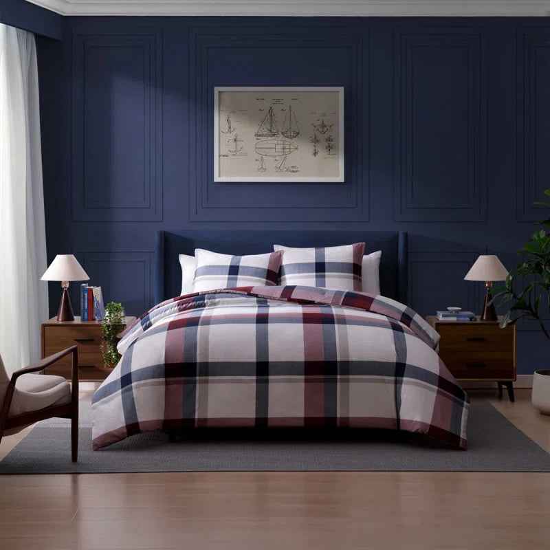 Tommy Hilfiger Prospect Park Plaid 100% Cotton Reversible Comforter Set - Navy Red and Ivory Bedding with Pillow Shams