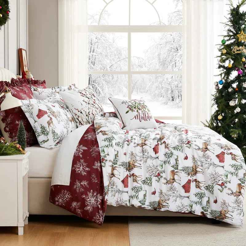 White Christmas Reversible Microfiber Comforter Set - Festive Winter Bedding with Pillow Shams