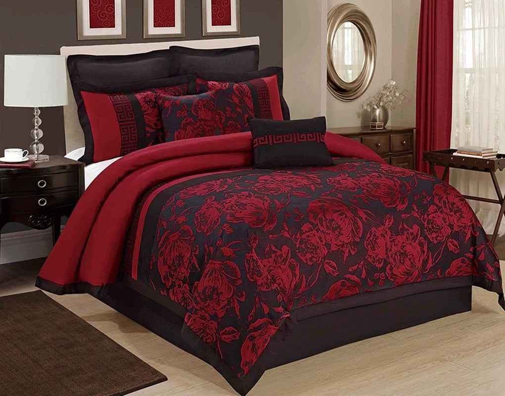 8-Piece Burgundy Jacquard Floral Patchwork Queen Comforter Set - Bedding Ensemble with Bed Skirt, Euro Shams, and Decorative Pillows