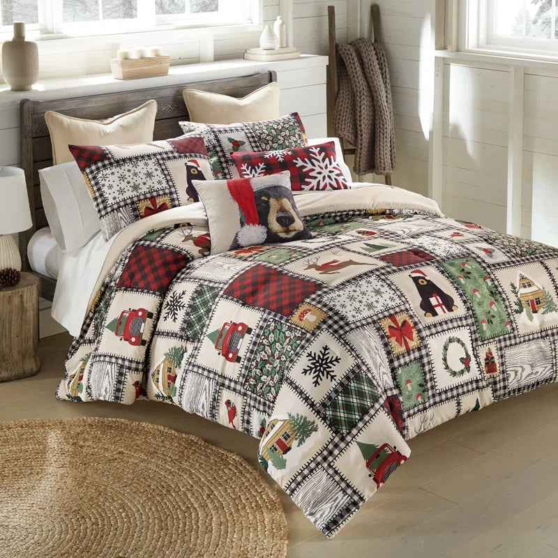 Winter Cottage Reversible Microfiber Holiday Comforter Set - Printed Patchwork Bedding with Pillow Shams