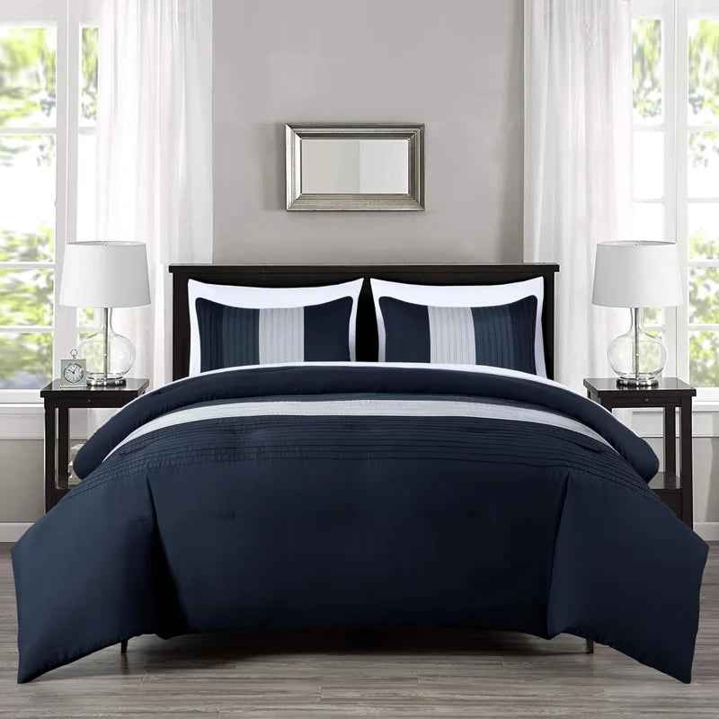 7-Piece Patchwork Pleated Stripe Bed in a Bag Comforter Set - Microfiber Bedding with 15-Inch Deep Pocket Sheets