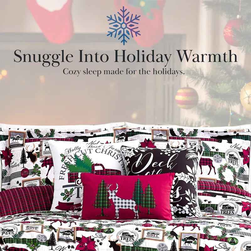 Merry Town White Green and Red Reversible Microfiber Comforter Set - 6 Piece Down Alternative Bedding with Throw Pillows