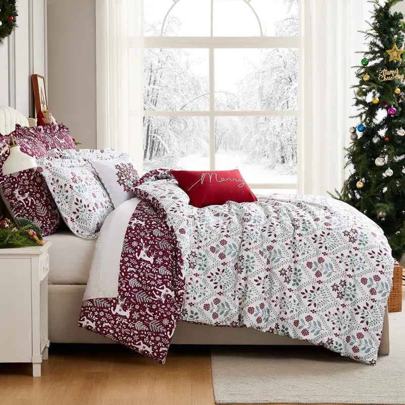 Holiday Harmony Reversible Microfiber Comforter Set - Oversized Winter Bedding with Pillow Shams and Decor Pillows