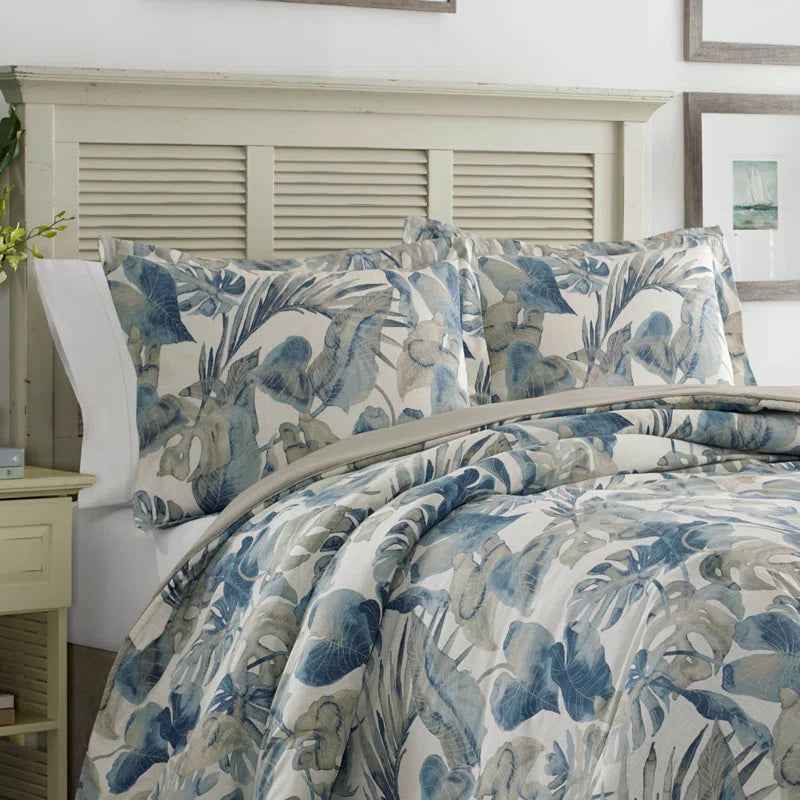 Coast Blue Watercolor Tropical Foliage Cotton Comforter Set - Coastal Bedding with Pillow Shams