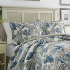 Coast Blue Watercolor Tropical Foliage Cotton Comforter Set - Coastal Bedding with Pillow Shams