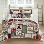 Winter Cottage Reversible Microfiber Holiday Comforter Set - Printed Patchwork Bedding with Pillow Shams