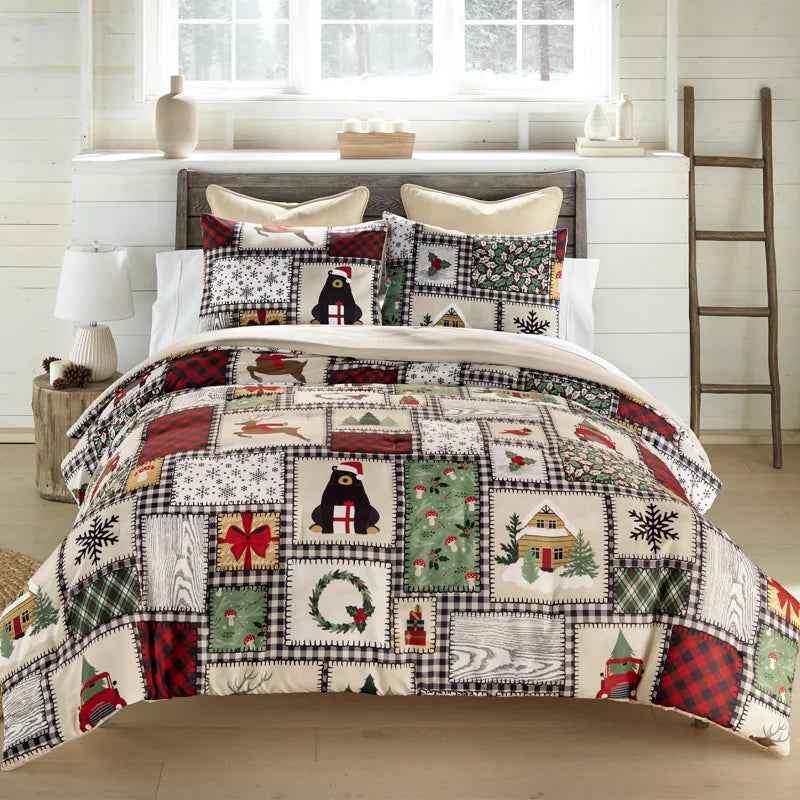 Winter Cottage Reversible Microfiber Holiday Comforter Set - Printed Patchwork Bedding with Pillow Shams