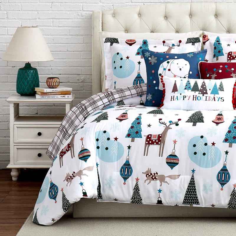 Winter Wonderland Blue and White Reversible Microfiber Comforter Set - 6 Piece Down Alternative Bedding with Throw Pillows