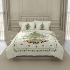 Ivory Christmas Tree Printed Microfiber Comforter Set - Reversible Holiday Bedding with Solid Green Backing
